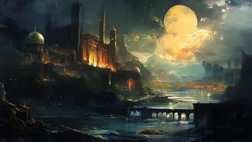 Moonlit riverside fortress city with illuminated structures.