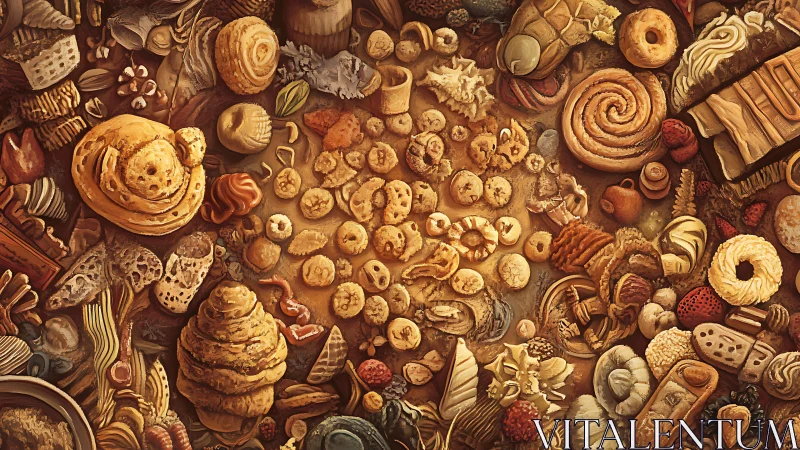 Overhead composition showcasing artisanal bakery items in warm earthy palette.
