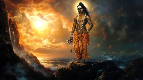 Mythic figure stands on rocky shore against luminous sky