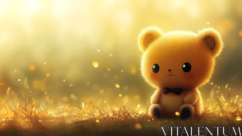 Furry toy bear with bow tie in soft golden field light.
