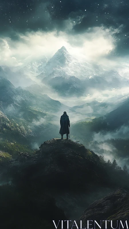 Solitary cloaked wanderer overlooks vast misty mountain range