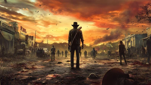 Lone armed figure surveys ruined street under dense sunset sky