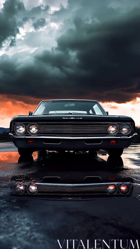 Stormlit classic muscle car with reflective wet pavement.