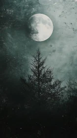 Silent full moon above spectral winter tree silhouette.