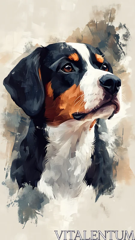 Regal tri-color dog portrait rendered in bold brushwork.