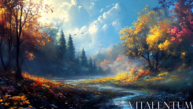 Vivid autumn forest stream under bright morning sky.