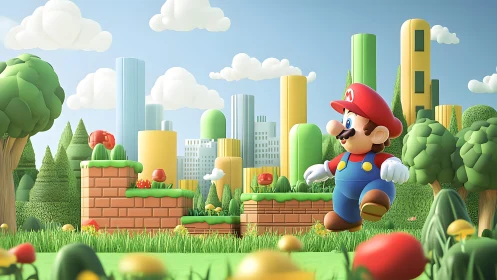 Mario in Vibrant 3D Cartoon Landscape, Playful Digital Art Style.