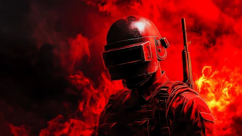 Flame-born helmeted warrior stalks through crimson blaze.