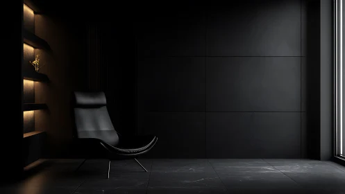 Monochrome minimalist lounge with black leather chair and light