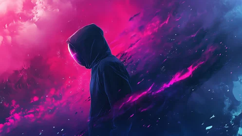 Neon wanderer drifts through stormy cosmic graffiti skies.