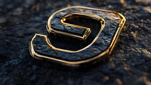 Metallic gold letter S on textured dark stone surface, 3D render.