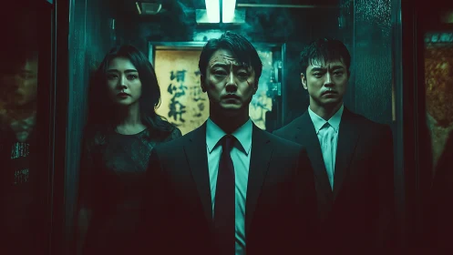 Shadowed trio in suits share a tense, cinematic corridor moment