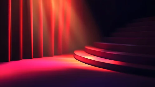 Dramatic red-lit theater stage with curved steps and curtains.