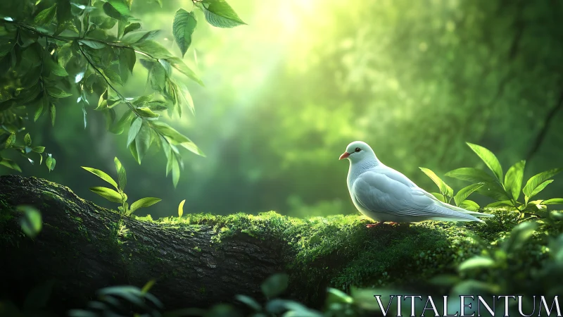 White dove resting on mossy log in sunlit forest, photorealistic style.