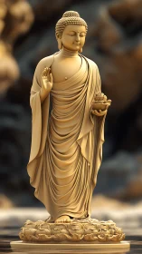 Rendered standing Buddha statue exhibits detailed drapery