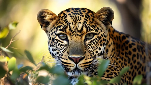 Leopard portrait in foliage with sharp focused gaze.