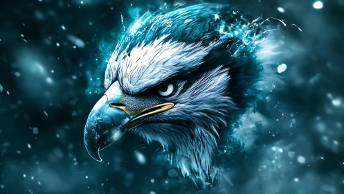 Majestic eagle head in icy digital art with intense blue tones.
