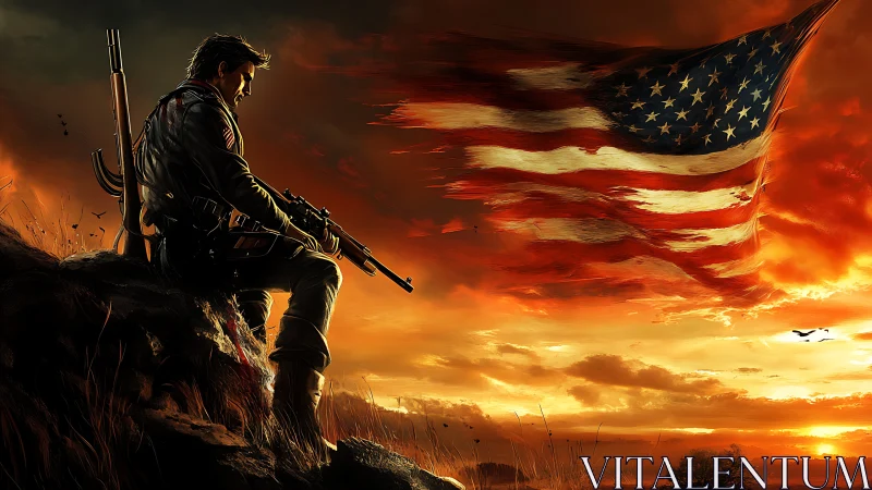 Solitary armed soldier silhouetted against burning flag sky