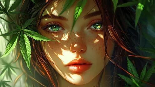 Forest-eyed woman emerges through vivid sunlit foliage.