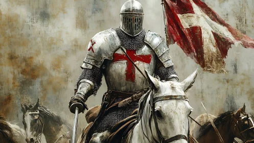 Armored crusader on horseback advances beneath tattered banner.