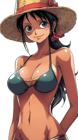 Straw hat anime girl in teal bikini under bright light.