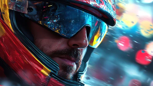 City lights in a racer’s visor, poised for the next roar.