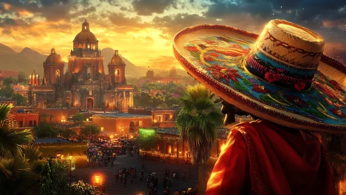 Sunset festival overlit cathedral and embroidered sombrero.