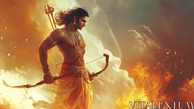 Warrior archer stands amid swirling clouds and flames