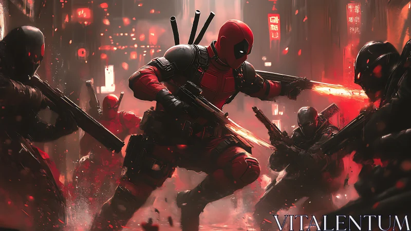 Combat-ready red-suited mercenary engages armored foes in neon alley