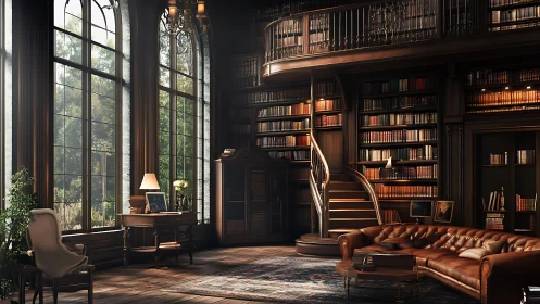 Sunlit library retreat with warm wood, books, and quiet charm.