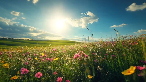 Backlit wildflower meadow under low sun and cumulus sky