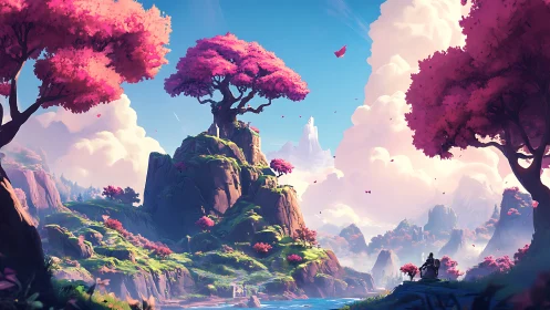 Hero surveys luminous valley beneath towering pink canopies