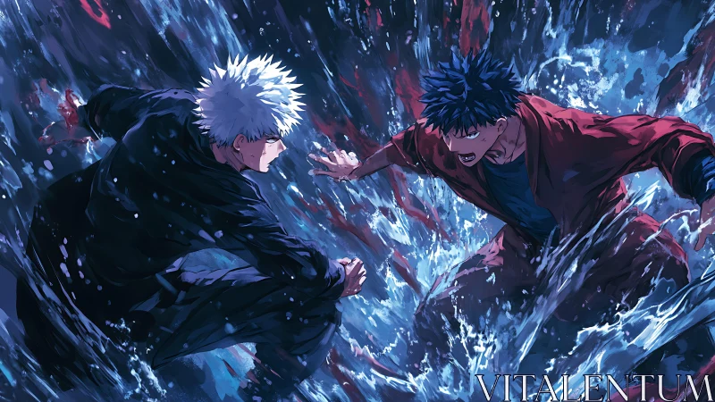 Rival anime warriors clash amid explosive water and light.