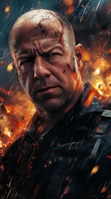 Battle-hardened hero stands strong amid roaring explosions