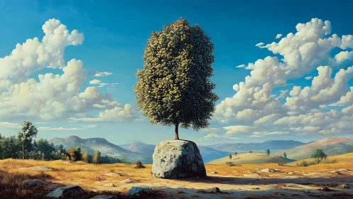 Solitary blooming tree rises from weathered boulder plateau