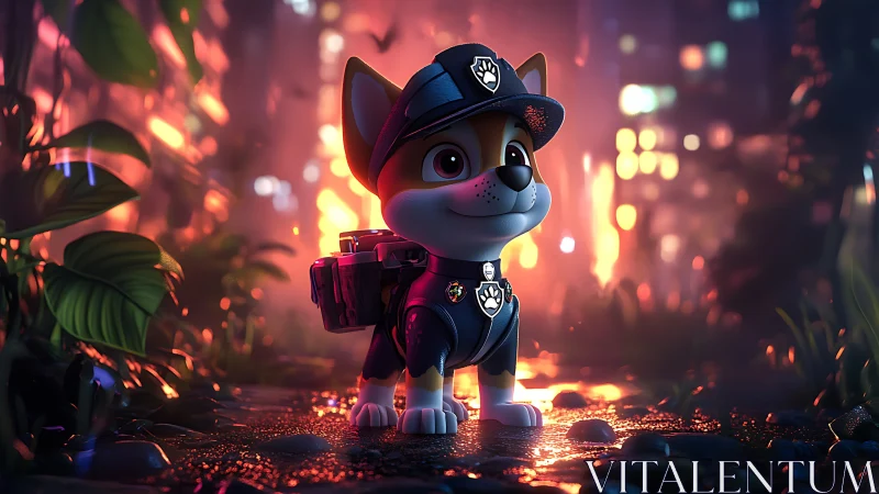 Stylized canine patrol unit in neon rainforest environment.