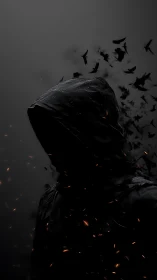 Shrouded hooded figure dissolving into dark flocks of crows.