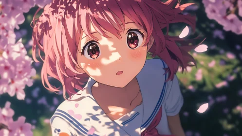 Pink haired student under cherry blossoms in soft light.