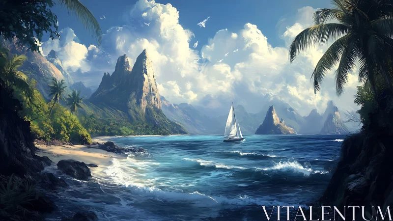 Tropical Lagoon with Sailboat and Towering Peaks.