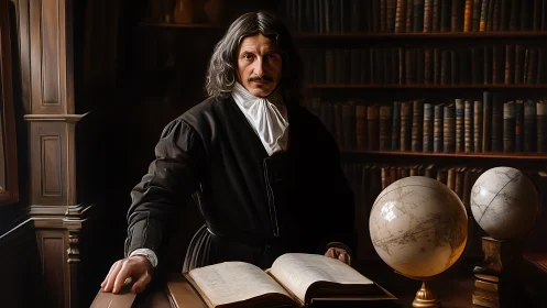 Baroque scholar portrait amid globes and library interior.