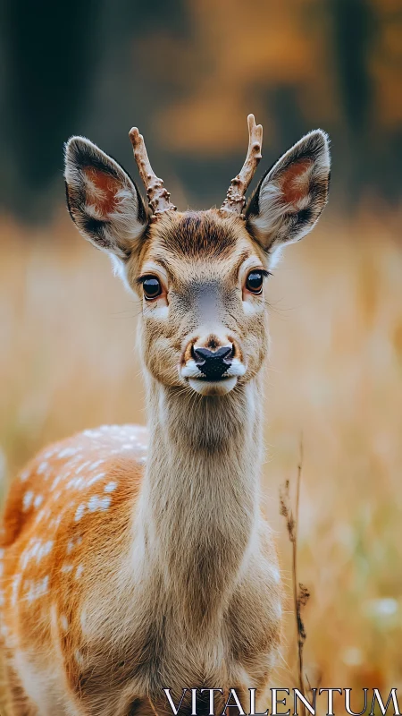 Young spotted deer standing alert in soft autumn field.