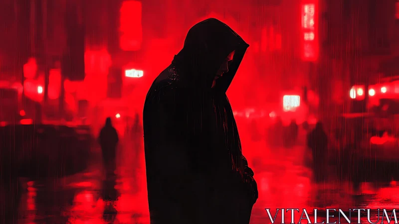Hooded loner in neon red rainy cityscape at night.