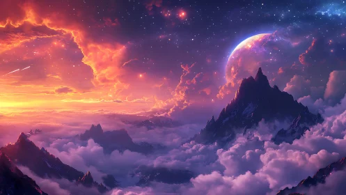 Celestial peaks rising through nebula-lit cosmic clouds.