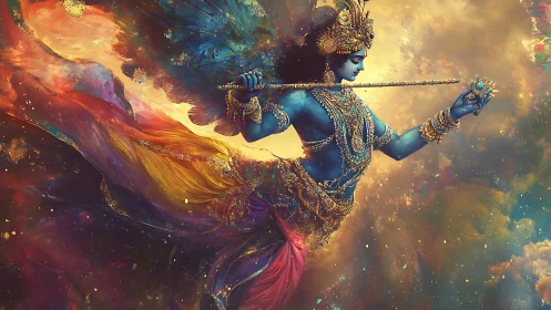 Divine blue figure with flute in swirling cosmic colors.