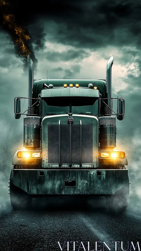 Armored semi truck roars through stormy road at night