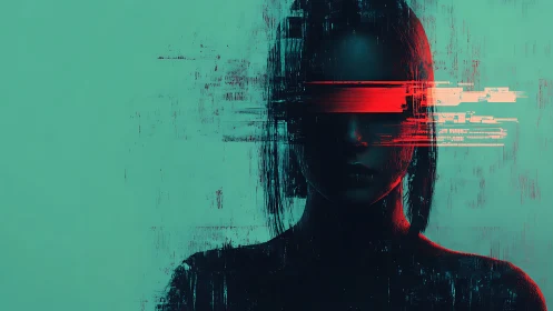 Glitched cyber silhouette with neon red data visor
