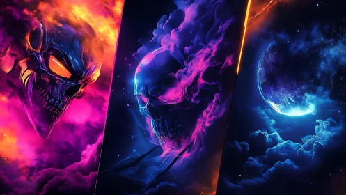 Neon flaming skulls and cosmic planet triptych artwork.