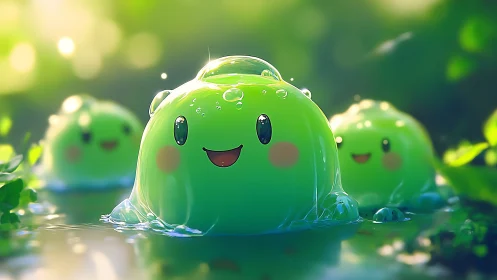 Green blob characters float in shallow sunlit forest water
