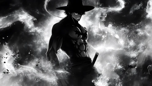 Stormlit ronin in ink-black smoke and silver firestorm.