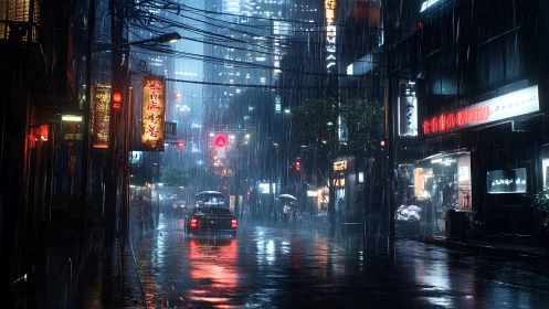 Midnight city rain turning neon streets into quiet mirrors.